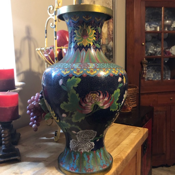 Large Qing Dynasty  Cloisonné Turquoise  Floral Vase - Picture 4 of 13